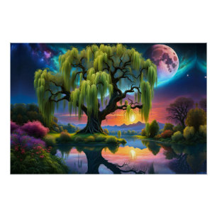 Poster Willow tree under Pleine lune N Starry ciel Sunset