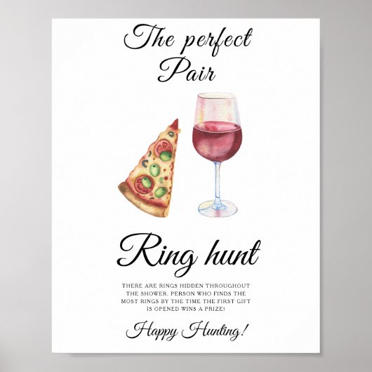 Poster Wine and Pizza Bridal shower Ring hunt game (Devant)