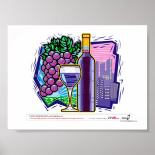 Poster Wineglass, bottle and grapes, city in background