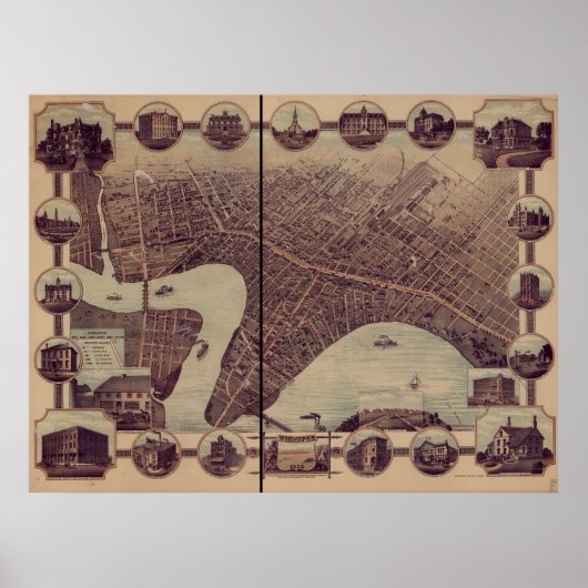 Poster Winnipeg Manitoba 1884 Carte panoramique antique (Devant)