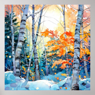 Poster Winter Bird Tree Forest Wall Art Imprimer