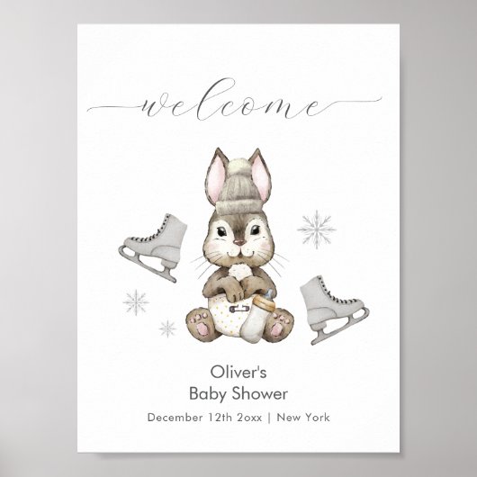 Poster Winter Bunny Ice Skate Baby Shower Welcome (Devant)