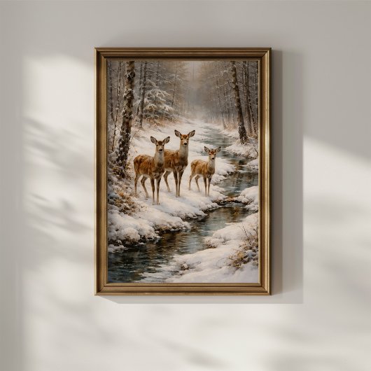 Poster Winter Deer by Forest Stream
