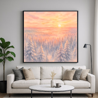 Poster Winter Forest Landscape Sunset - Watercolor Style