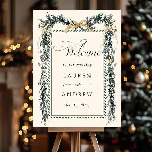 Poster Winter Greens Garland Wedding Welcome Ivory