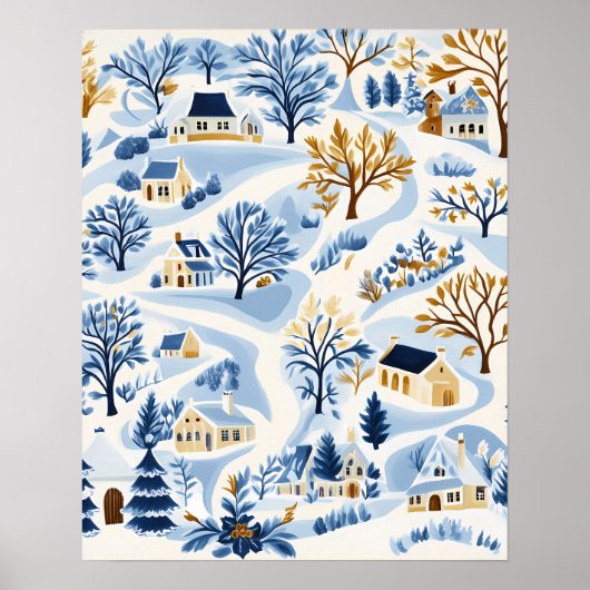 Poster Winter Hillside Village with Cozy Cottages (Devant)