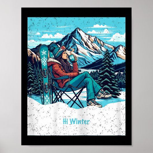 Poster Winter Holiday Skier Woman Drinking Coffee Christm (Devant)
