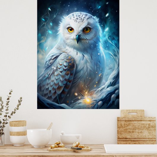 Poster Winter Magic Snowy Owl – Mystical Blue Forest (Cuisine)