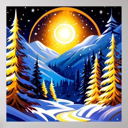 Poster Winter Night Landscape With Snowy Mountains (Devant)