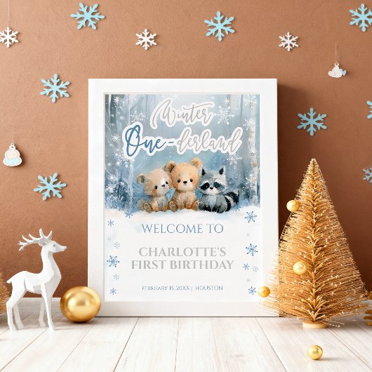 Poster Winter Onederland Bear Blue First Welcome Sign