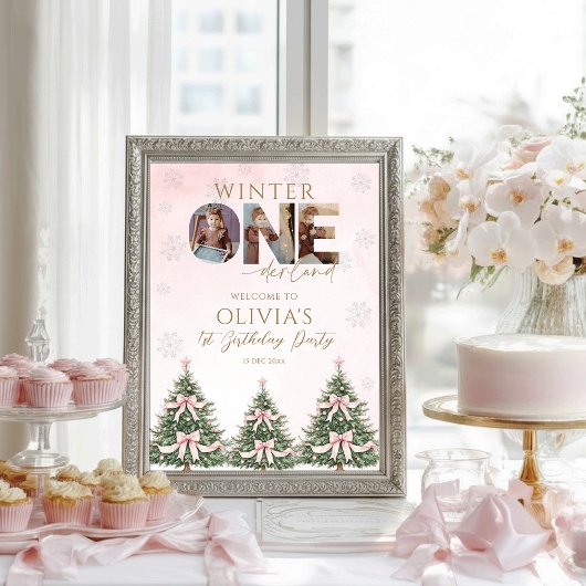 Poster Winter Onederland Pink Bow 1st Birthday Welcome