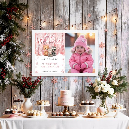 Poster Winter Onederland Pink First Photo Welcome Sign