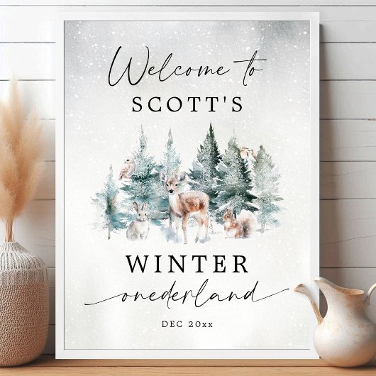 Poster Winter ONEderland Woodland 1st Birthday Welcome