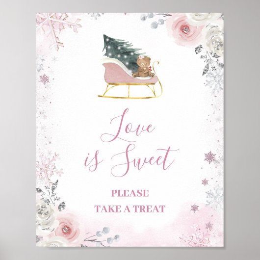 Poster Winter Pastel Pink Snowflake Sleigh Love is Sweet (Devant)