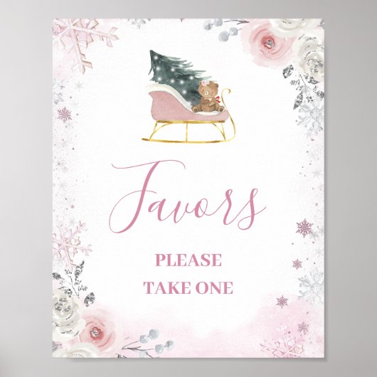 Poster Winter Pink Snowflake Sleigh Baby Shower Favors (Devant)