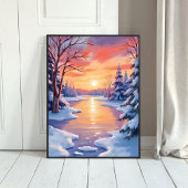 Poster Winter River Sunset Landscape Snow Watercolor