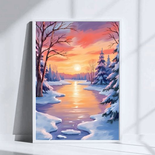 Poster Winter River Sunset Landscape Snow Watercolor