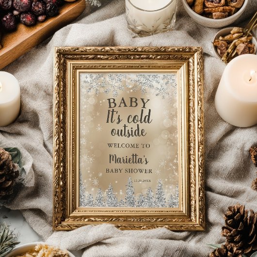 Poster Winter silver snow pine gold welcome baby shower