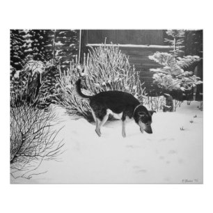 Poster Winter snow scene with cute black and tan dog