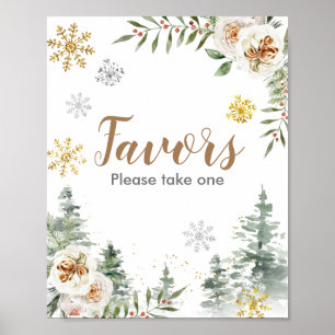 Poster Winter White Floral Pine Trees Favor Sign