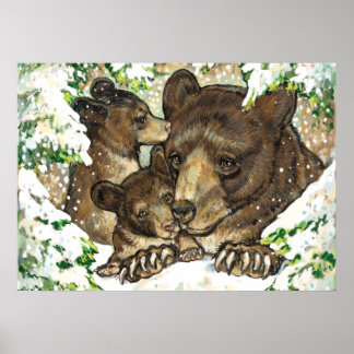 Poster Winter Wildlife Art Black Bear Mère et petits