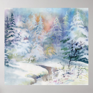 Poster Winter Wonderland : Paysage aquarelle