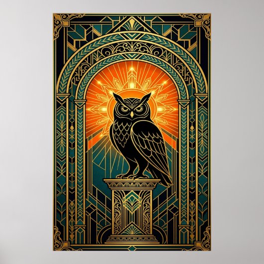 Poster Wise Owl Silhouette Art Deco Midnight Gold (Devant)