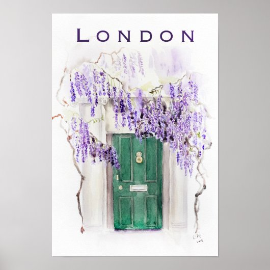 Poster Wisteria season in London green door watercolour  (Devant)
