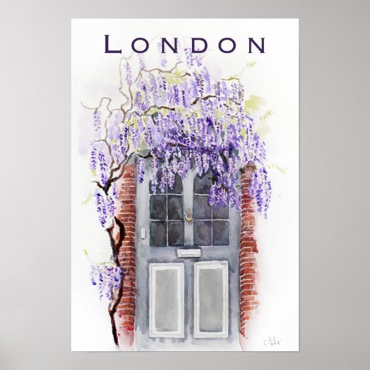 Poster Wisteria season in London grey door watercolour  (Devant)