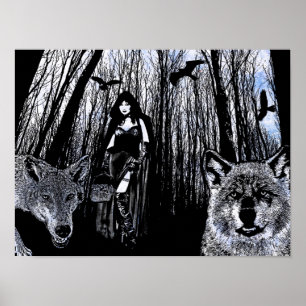 Poster Witch and werewolves in the forest silhouette art