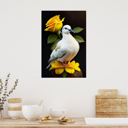 Poster - Witte duif geel bloemen rust (Keuken)