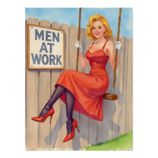 Poster Witty Retro Pin-Up Girl - "Men at Work"