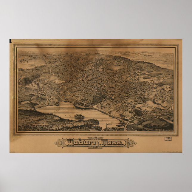 Poster Woburn Massachusetts 1883 Antique Carte Panoramiqu (Devant)