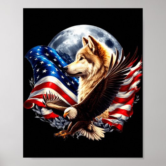 Poster Wolf Bald Eagle American Flag Full Moon New Years (Devant)