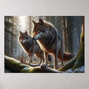 Poster Wolf Duo en forêt 3D Look   Une nature étonnante