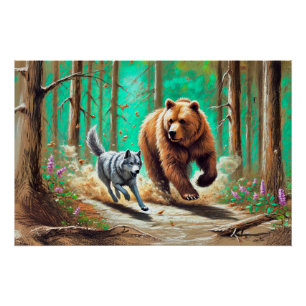 Poster Wolf et ours Chase Pastel Chalk Forest Scène