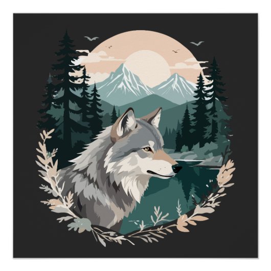 Poster Wolf Faune Animaux Nature Extérieure Aquarelle (Devant)