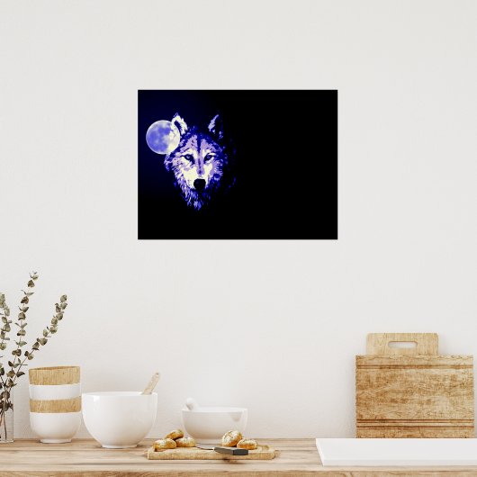 Poster Wolf Fullmoon Blue Black (Cuisine)