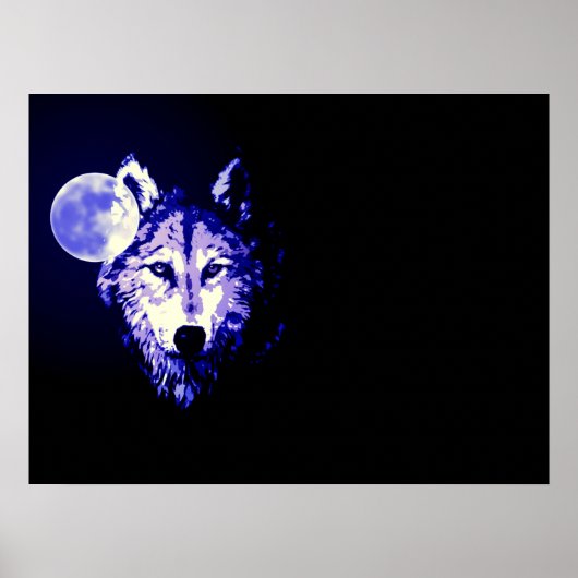 Poster Wolf Fullmoon Blue Black (Devant)