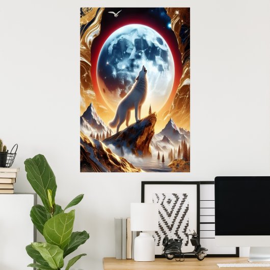 Poster Wolf Howling à la Lune Crimson (Bureau à domicile)