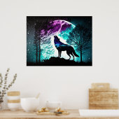 Poster Wolf Howling à la lune Galaxy Stars Animal (Cuisine)