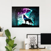Poster Wolf Howling à la lune Galaxy Stars Animal (Bureau à domicile)