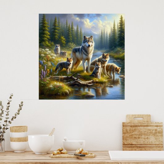 Poster Wolf Pack Wolf Stream Nature Faune (Cuisine)