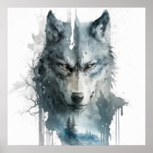 Poster Wolf Portrait Animal Peinture Forêt faunique