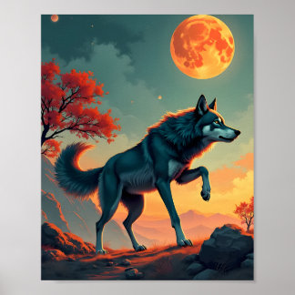 Poster Wolf sous une lune de sang