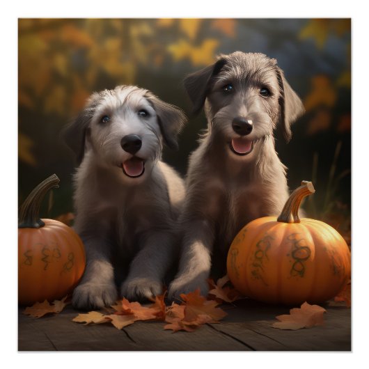 Poster Wolfhound Chiot Automne Citrouille de plaisir (Devant)