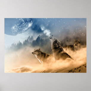 Poster Wolves Moon Fog Nature Paysage