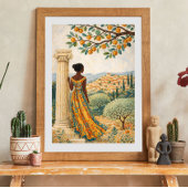 Poster Woman by Column with Citrus Tree Illustration