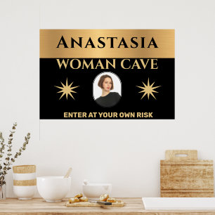 Poster Woman Cave Gold Black Warning Personnaliser