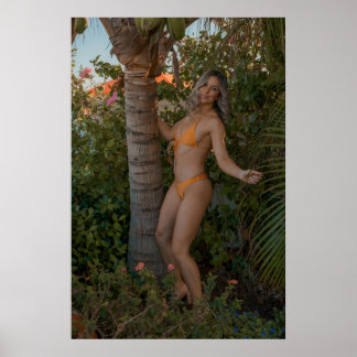 Poster Woman In Orange Bikini By Tropical Palm Tree